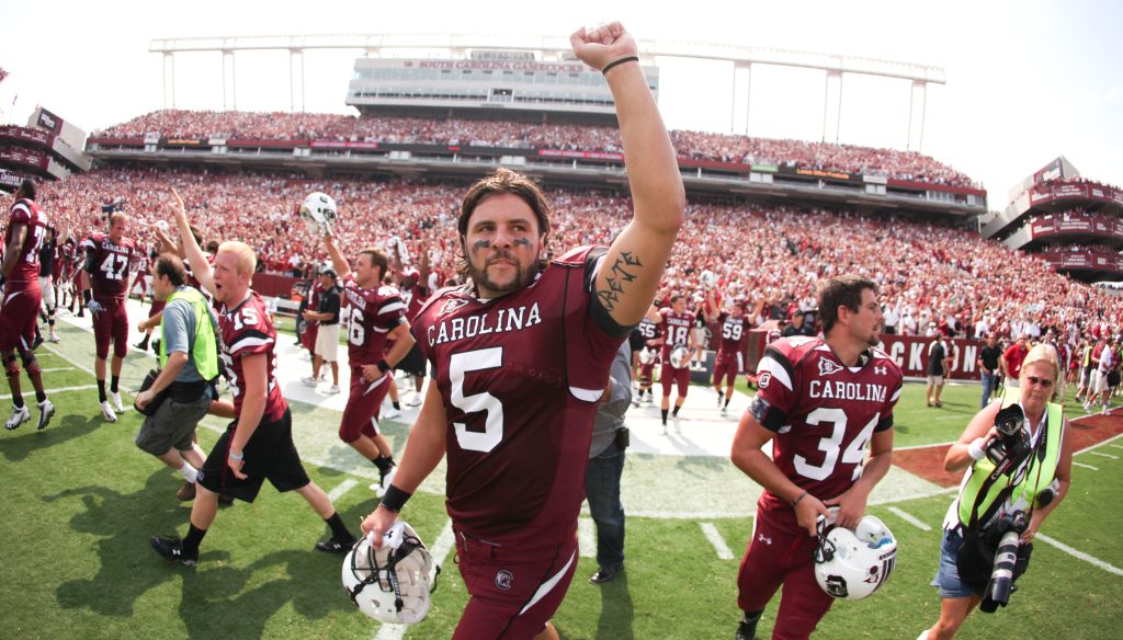 Stephen Garcia celebrating at Williams-Brice Stadium